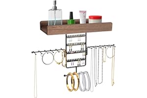 BELLE VOUS Organizador de Joyas Negro de Pared - Soporte con Brazo Giratorio con 44 Ranuras para Pendientes, 12 Varas para Colgar y Repisa de Madera - Colgador Collares, Brazaletes, Anillos y Aretes