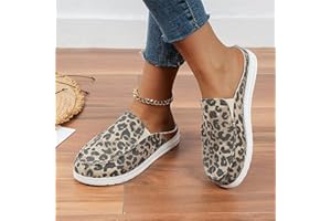 DOIX Zuecos para Caminar Mujer Zapatos de Mula Plana de Verano de Moda 2023 Pantuflas con Punta Cerrada Chanclas Mocasín de Lona Informal Zapatos de Conducción,Leopard Print,US8/EU39