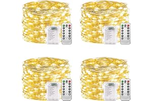 ‎PLAINSHE plainshe Lichterkette Batterie - 4 Stück Warmweiß, 10m 100 LED Silberdraht Micro Lichterkette Außen Wasserdicht 8 Modi Fernbedienung Timer für Weihnachtsbaum Außen Innen Garten Hochzeit Balkon