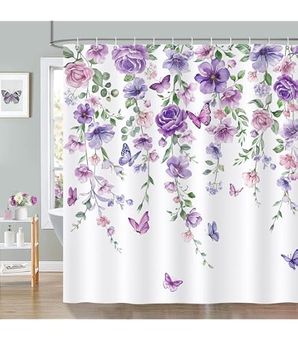Blumen Duschvorhang 180x180 Cm – Rosa Rosen & Blauer Zaun, Wasserdicht, Mit 12 Haken