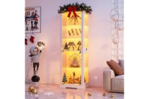 Gurexl 70.9″ Glass Display Cabinets with Lockable Glass Door and 3 Color Lights, 5 Tier Bookcase with Human Sensor and Adjustable Shelves,Floor Cabinets for Curio,Collectibles,Books,Living Room,White