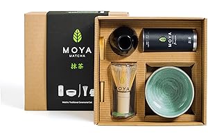 Organico Moya Matcha Tè Verde Biologico in Polvere Set | 30g Premium Cerimoniale Grado (I) + Ciotola + Frusta + Supporto + Cucchiaio | Kit Completo per la Preparazione del Tè Completo di Cerimoniali