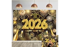 APDECCLK Black Gold Happy New Year Backdrop 2026 New Year Eve Party Photography Background Hello 2026 Banner Champagne Fireworks Disco Decorations Supplies Backdrop (Black Gold, 7X5FT (210x150cm))