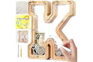 Lakpopya Spardose Kinder Buchstaben aus Holz für A-Z Personalisiert Sparschwein Durchsichtig Alphabet Sparbox, Geschenk Dekoration Taufe für Jungen Mädchen (K)