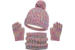 Baynetin Kinder Wintermütze Schal Handschuhe Set, 3 Stück Mädchen Warme Pompom Beanie Hut Touchscreen Handschuhe Runder Schal Set mit Fleece Gefüttert für Jungen Mädchen 2-8 Jahre
