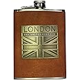LILAJ Stainless Steel Hip Flask with PU Leather Cover, Portable Pocket Flagon for Whiskey Lovers, Hiking, Barbeque, Party, Camping, London, Union Jack, Souvenir Gift for Men and Women 8oz
