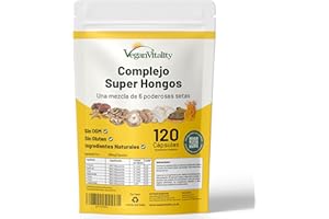 VEGAN VITALITY Suplemento de 6 Hongos – Reishi, Melena de León, Cordyceps, Chaga, Shitake y Maitake. 120 Cápsulas. 500mg Por Cápsula.
