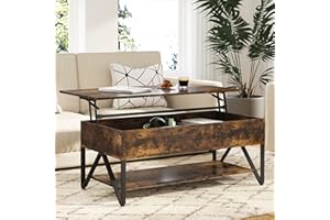 Novilla W-shape Lift Top Coffee Table with Large Hidden Storage, 3 Tier Tea Tables for Living Room, industrial Style Metal Frame, Adjustable table legs, Waterproof&Anti-scratch Desktop, Rustic Brown