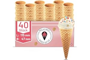 ‎MÜLHEIMER MANUFAKTUR MyNaschbar Halbsüße Eiswaffel 40 Stück, 115 mm lang, Ø 47 mm, VEGAN – Waffelhörnchen mit Rand, – Essbare Eistüten perfekt für 1-2 Kugeln Eis oder Softeis – Eiswaffeln Hörnchen in Eisdielen-Qualität