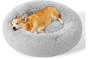 SEOUGEE Calming Donut Dog Bed, Fluffy Plush Round Cat Bed, Cosy Soft Washable Cushion Self-Warming Pet Beds with Non-Slip Bottom, Indoor Sleeping Cuddler Nest for Medium Large Dogs (Grey 80cm)