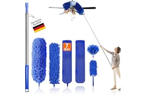 SWETFELA 7 Piezas Plumero Telescopico Extensible,Plumero Lavable & Reutilizable,Plumero Palmera Longitud 25 to 256 cm,Plumero Microfibra para Techo,Persianas,Ventiladores,Muebles,Telarañas,Azul
