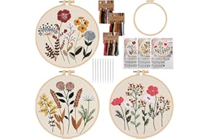 LOMOHOO 3 Pack Embroidery Kit for Beginners,Floral Embroidery Starter Kits for Adults with Hoops Threads and Needles,DIY Kit for Beginners