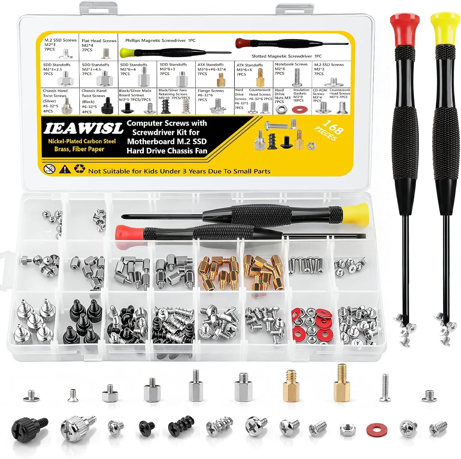 168PCS Computer Screws Kit Motherboard Screws Standoffs for Universal HDD, Chassis, Fan, PC Case, Graphics, M.2 SSD Screws for DIY and Repair, PC Screws with Magnetic Phillips and Slotted Scredriver