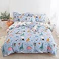 Dinosaur Duvet Cover Set Twin, 100% Cotton Blue White Reversible Kids Bedding Set for Boys Girls, 2 Pieces Ultra Soft Breathable Comforter Cover Set (1 Duvet Cover+1 Pillowcase)