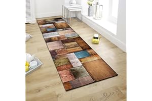 ‎WTHYGB WTHYGB Teppich Läufer 60x150cm für Flur Küche Wohnzimmer Schlafzimmer, rutschfest Waschbar Teppichläufer, Polyester Dauerhaft, 6mm Dicke Küchenläufer, Holzmaserungsmuster, Anpassbar