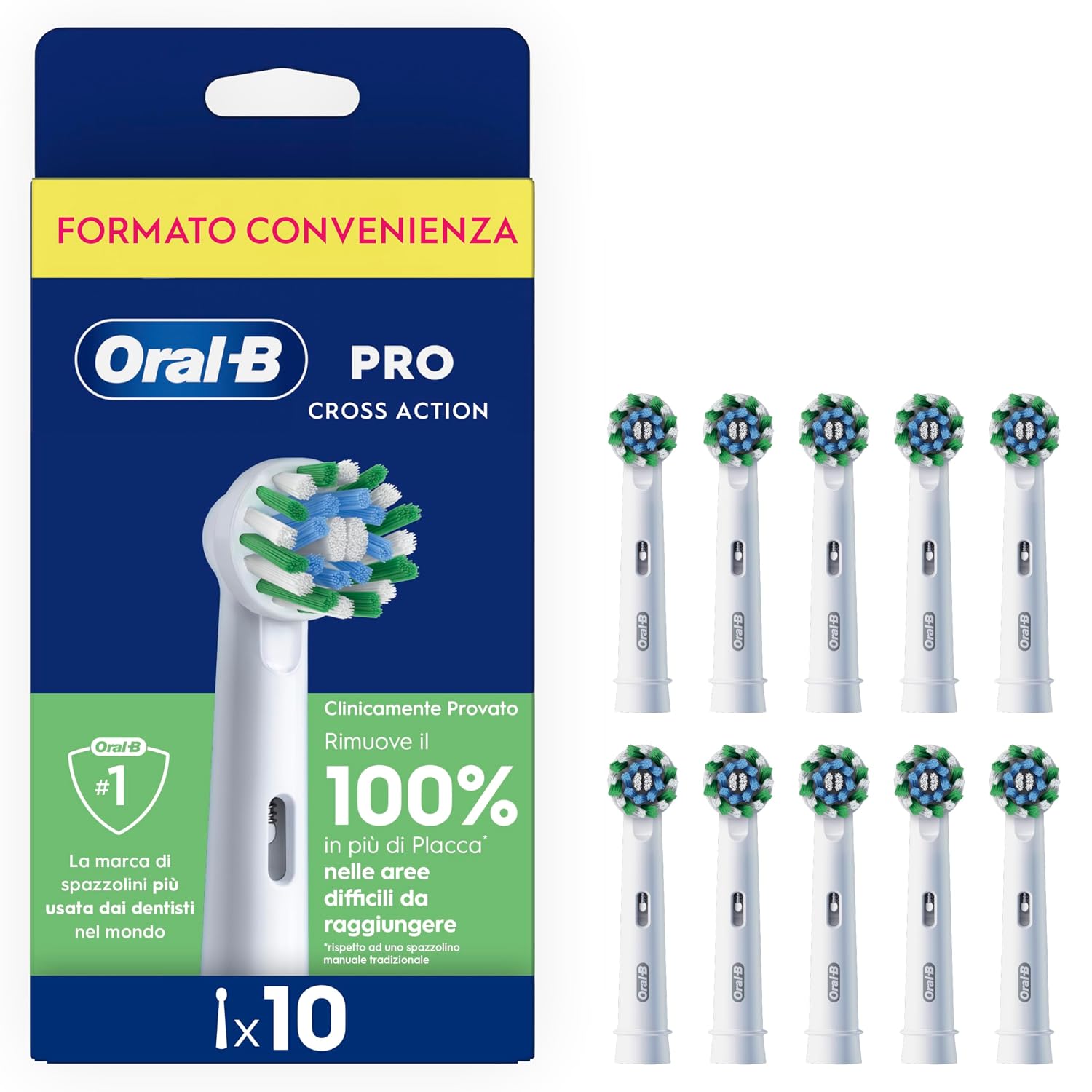 Oral-B Testina Di Ricambio PRO Cross Action Bianca, Confezione Da 10 Testine | 10 Testine di Ricambio per Spazzolino Elettrico, Autentiche, Setole Angolate che si Adattano a ogni Dente, Pulizia Denti