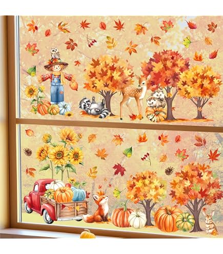 Autocollants Fenêtre Automne - Feuilles D'érable, Citrouilles, écureuils - Décoration Vitre Amovible Et Réutilisable - Lot De 8 Feuilles