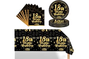 POPOYU Schwarz Gold 18. Geburtstag Partygeschirr Set,Einwegteller 7 Zoll Servietten Kunststoff Tischdecke,37 Stück Schwarz Gold Partygeschirr Set für Jungen Mädchen 18. Geburtstag Party Dekorationen