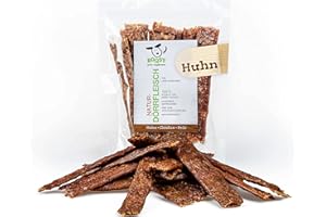 ROQSY Naturalne suszone mięso 100% kurczaka suszone mięso dla psów, 100 g, artykuł do żucia również dla szczeniaków, bez zbóż, Jerky, przekąska dla psów, paski do żucia, smakołyki, mięso zakupowe