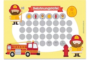 Papierdrachen Set di 6 lavagne ricompense per bambini come blocco a strappo, 10 fogli, idea motivante come aiuto all'educazione, con fantastici adesivi per ragazzi e ragazze, motivo pompieri