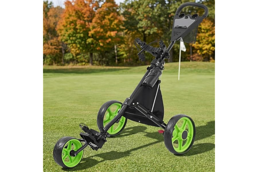 JoyCushy 3 Wheel Golf Trolley, Folding Golf Cart with Foot Brake & Insulated Cooler Bag & Mesh Pocket (Hold 4 Balls) & Water Bottle Holder & Storage Bag & Scoreboard