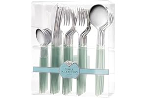 Decor Decorline - Ensemble de couverts réutilisables en plastique robuste - 40 pièces - Avec 16 fourchettes, 8 couteaux, 8 cuillères et 8 cuillères à dessert - Noble - Haut: Argent - Poigné: Turquoise
