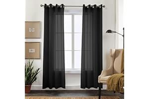 ‎CUCRAF CUCRAF Transparente Gardinen mit ösen Vorhänge Wohnzimmer & Schlafzimmer, H210 x B140cm 2er Set Vorhänge Schwarz, Einfarbiger Vorhang Pflegeleichte in Leinenoptik