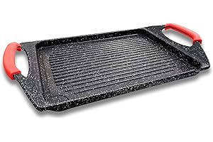 Cflagrant® Grande Plancha/Grill Effet Pierre 42x27 cm Greblon C3 Sans PFOA – Poignées Silicone Amovibles-Tous Feux Dont Induction et Four Cuisson Viande, Poisson, Légumes, Fruits de Mer, Cuisine Saine
