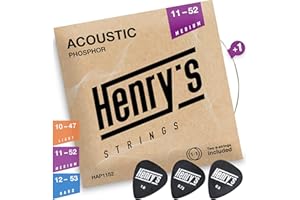 HENRYS® Gitarrensaiten Westerngitarre 11-52 - Brillante Klangqualität Phosphor Bronze Westerngitarre Saiten - 6+1 Saiten & 3 Plektren - Western Gitarrensaiten Akustikgitarre - Acoustic Guitar String