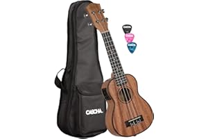 CASCHA Mahagoni Sopran Ukulele Set Tonabnehmer I Ukulele Starter Kit 3 Plektren Tasche integriertes Stimmgerät I Ukulele Aquila Saiten Nylon I Kleine Hawaii Gitarre für Anfänger Fortgeschrittene