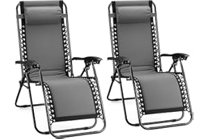 VonHaus Zero Gravity Chairs Set of 2 - Grey Reclining Sun Loungers for Garden - Padded Folding Sunloungers with Detachable Head Pillow - Fold Away 2 Set Deck Chairs for Outdoor, Patio & Decking