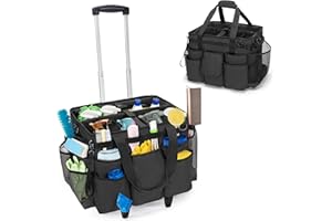 LoDrid Rolling Cleaning Caddy with Detachable Trolley, Portable Cleaning Cart on Wheels for Cleaning Supplies, Professional Cleaning Bag with Shoulder Strap for Housekeepers, Black (Patented Design)