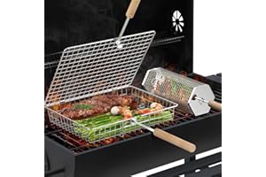 IVTIVFU Ensemble de Paniers à Barbecue Emboîtables (1 + 1), Poignée Amovible, Acier Inoxydable 304, Accessoires Barbecue à Légumes et Crevettes, Barbecue Charbon de Bois de Camping, Cadeau Homme, Papa, Mari