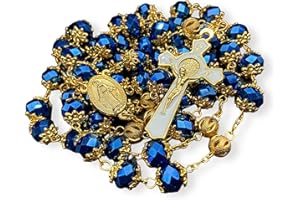 Nazareth Store Święty Benedykt skrystalizowane niebieskie koraliki różaniec złoty naszyjnik dla mężczyzn i kobiet ze złotymi tajemniczymi koralikami, cudowny medalik i krzyż św. Benedykta, 55 CM,