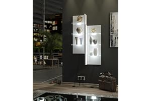 Furneo Clifton 09 – White Floating Display Cabinet, High Gloss & Matt Finish, Wall Unit Shelf with White LED Lights