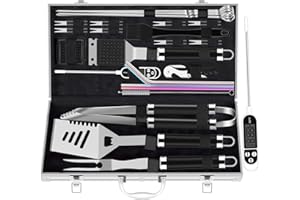 ROMANTICIST Extra Dickes Edelstahl-Grill-Werkzeug-Set für Herren, 26-teiliges Grillzubehör-Set für Hinterhof, Grillutensilien, Geschenk-Set mit Korkenzieher für Geburtstag (schwarz)
