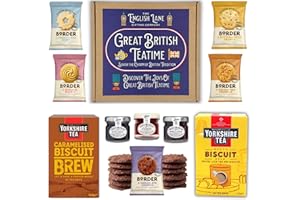 THE ENGLISH LANE GIFTING COMPANY Great British Teatime Gift Set – Caramelised biscuit Brew Tea, Malty Biscuit Brew Tea, Border Biscuits Selection Twin Packs, and Miniature Jams in Strawberry, Blackcurrant, and Morello Cherry Flavors