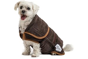 Drying Dog Fleece Coat by The Wagging Tailor® - Soft Feel Microfibre Small Dogs Coat - Adjustable Dog Towels Absorbent Robe With Velcro Collar & Under Belly, Drying Coat for Dogs (Brown, S)