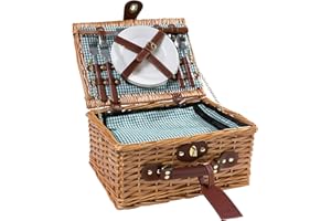 eGenuss | Cesta de Mimbre para Picnic | 2 Personas | con Cubiertos de Acero Inoxidable refrigerador Copas de Vino y Platos en cerámica|Verde