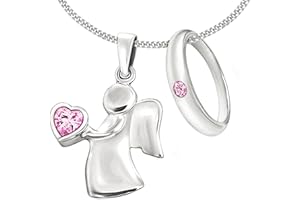 CLEVER SCHMUCK Mädchen Halskette 2 Anhänger Engel 15 mm mit rosa Zirkoniaherz in der Hand und Taufring mit rosa Zirkonia & Kette Panzer 38 cm STERLING SILBER 925 im Etui rosa