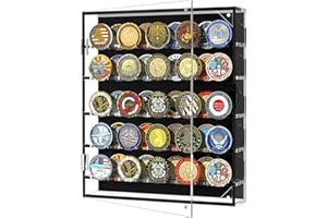 HHUXIUE vitrina expositora pared monedas colecciones,exhibidor medallas militares,Soporte de Monedas de desafío Militar con estantes extraíbles y Puerta magnética, Caja de Monedas para 45 medallas Militares