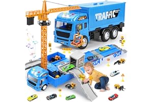 Charmofun Véhicule Chantier Jouet Enfants - Ensemble Camion Grue à Tour avec Piste Éjectante (Excavatrice, Rouleau Compresseur, Fourchonneuse, Bulldozer) - Sons/Lumières - Cadeau pour Garçons 3-8 Ans