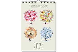 ABSOLUTELY YOURS Wall Calendar 2024 'Tree' Mendous Theme. Two Column, One Month to View. UK, Scotland, RoI & N Ireland Bank Holidays. Silver Wire Binding.
