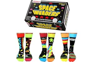 United Oddsocks Space Invaders Gift Box – 6 Fun-Tastic Odd Socks for Men – UK 6–11, EUR 39–46, US 7–12 – Officially Licensed TAITO Retro Gaming Socks – Mix & Match Novelty Gift for Birthdays & Fans