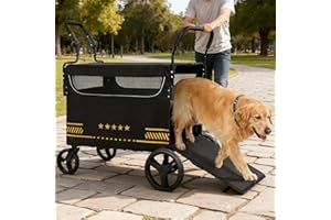 FASNATI Heavy Duty Dog Stroller with Foldable Ramp, Easy Access for Senior or Injured Dogs, Pet Buggy with Adjustable Handles, Supports up to 80kg, Black
