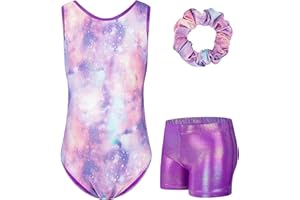 Surgoal Gymnastics Leotards for Girls with Short Sleeveless Sparkle Ballet Dance Unitard Gymnastics Athletic Outfit 3Pcs for Kids 3-12 Years