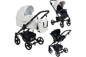 EMJOT Poussette Combinée Trio 3 en 1 Neri "Smooth" – Vanille - Landau, poussette promenade, siège auto "i-Size" Groupe 0+ - Livrée avec ses accessoires.