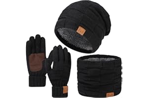 Yoolhamy Juego de gorro, bufanda y guantes para hombre, gorro térmico de punto de lana con forro polar y bufanda para el cuello y guantes para pantalla táctil, guantes 3 en 1, accesorios calentadores