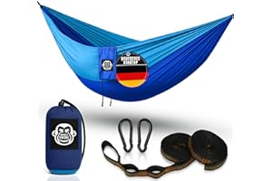 Monkey Swing Hängematte Ultraleicht inkl. Karabiner & Schwerlastgurten (bis 300 kg belastbar, 275 x 140 cm) – ideal für Camping, Outdoor, Trekking & als Reisehängematte (Blau)