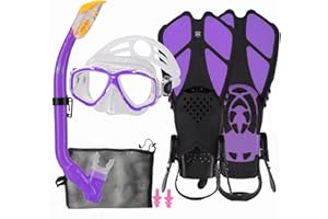HH HHAO SPORT Set da Snorkeling per Bambini con Pinne, Vista Panoramica a 180° Occhialini Antiappannamento, Pinne da Nuoto Regolabili, Snorkel, Borsa in Rete ad Asciugatura Rapida